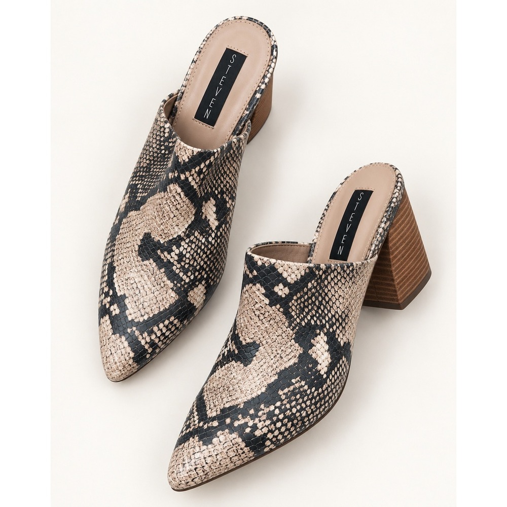 Steve Madden Snake Print Pointed Toe Mules Stacked Block Heel Size 8.5 Slip On